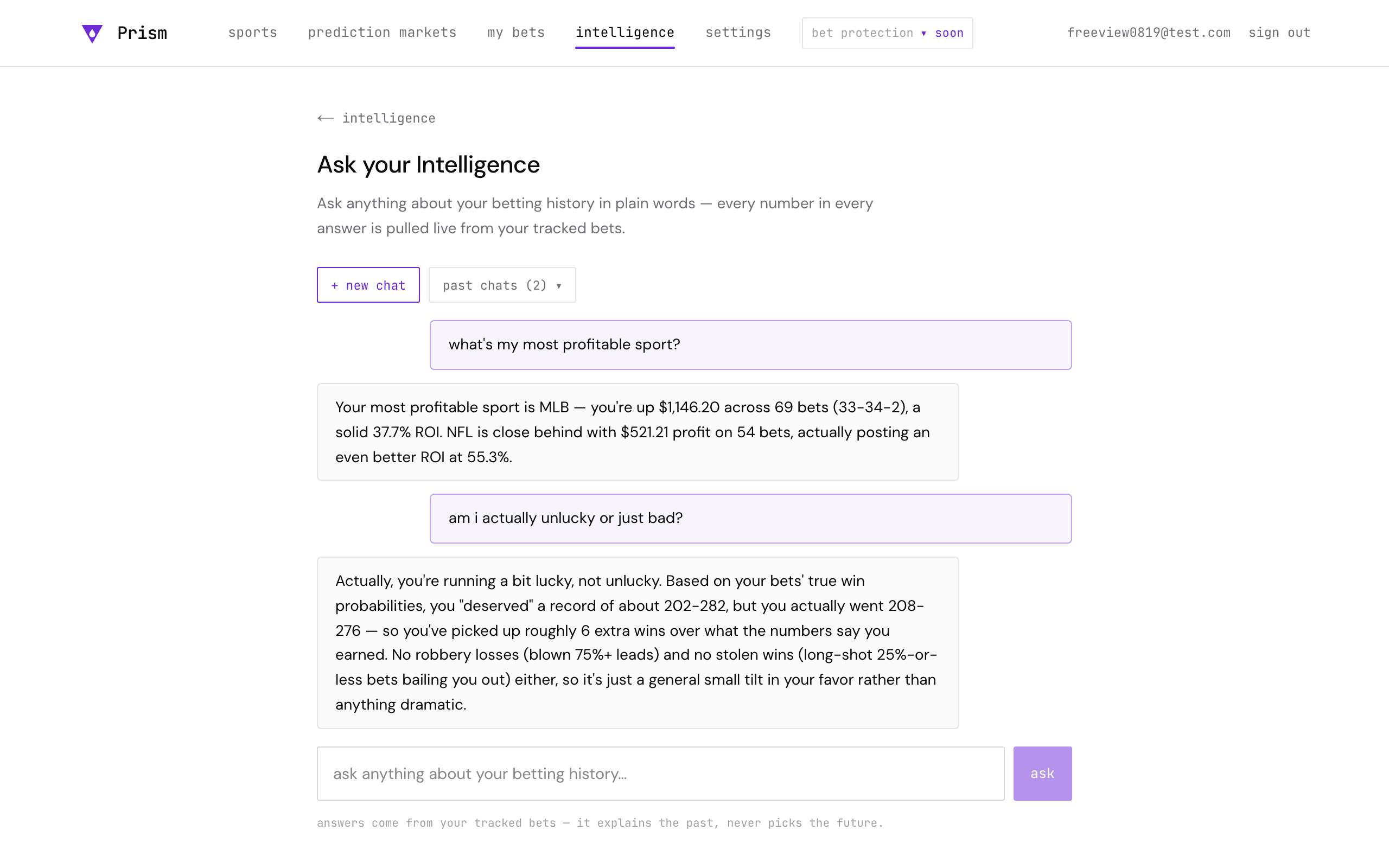 Ask your Intelligence — an AI answering questions about your own betting history with real numbers