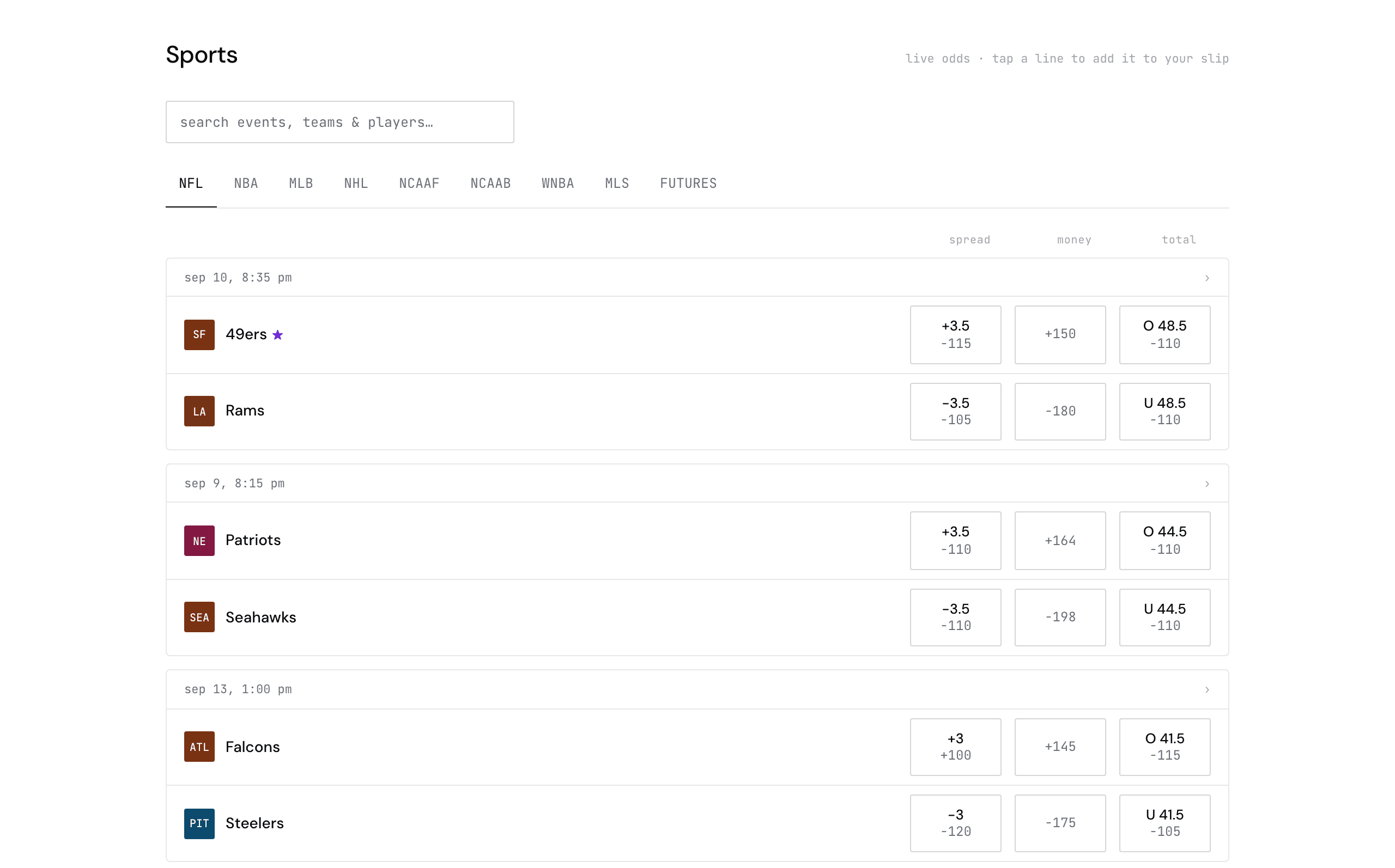 Live sports board with tappable odds