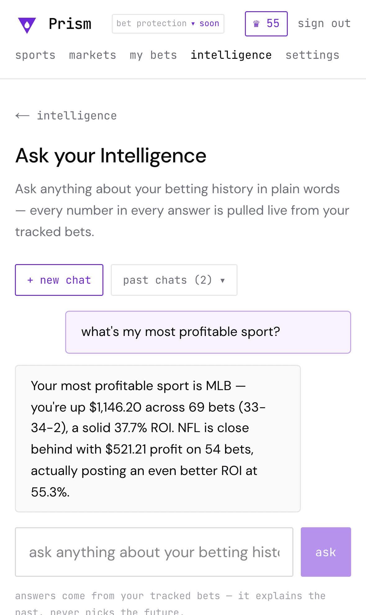 Ask your Intelligence — a real question and its full answer, pulled from tracked bets