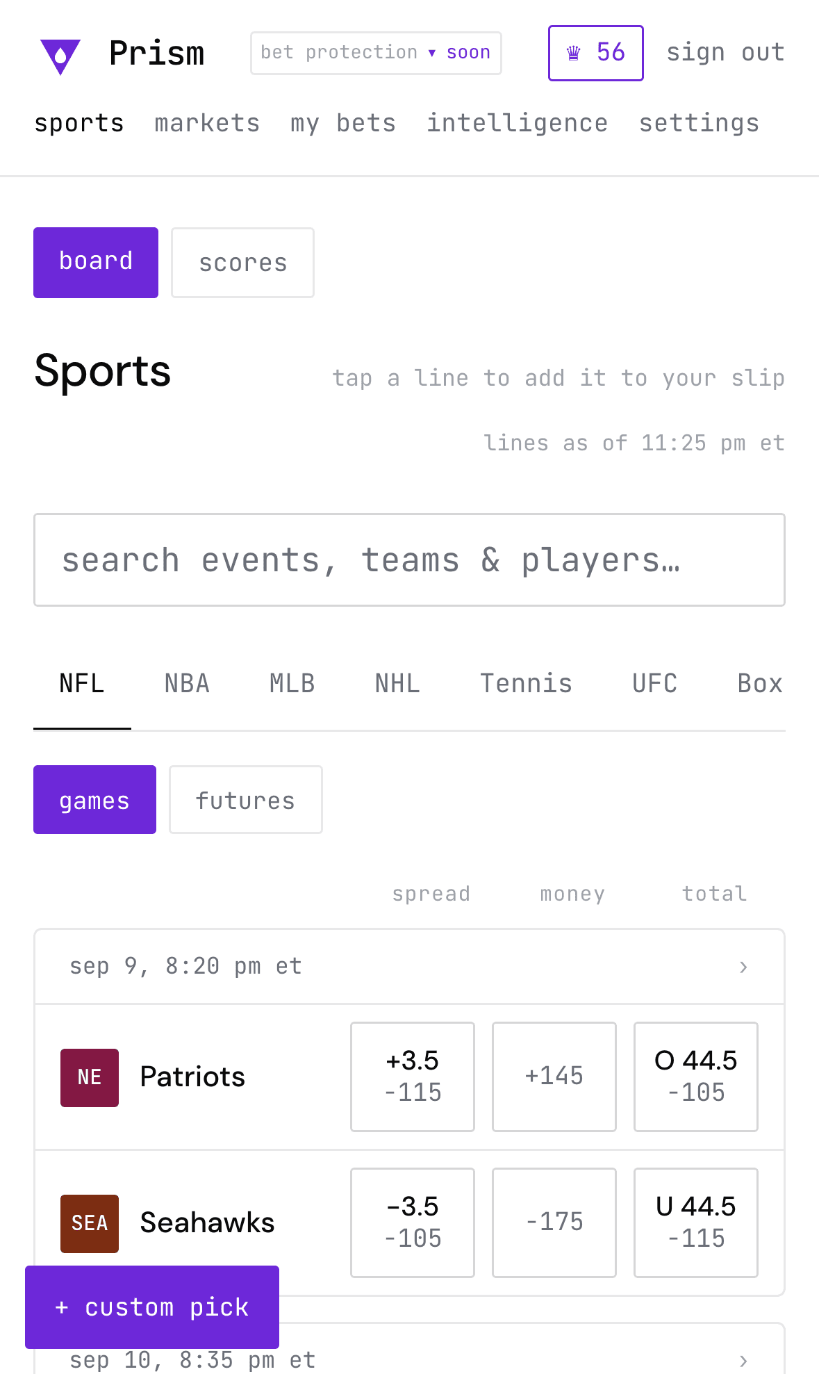 Live sports board with tappable odds