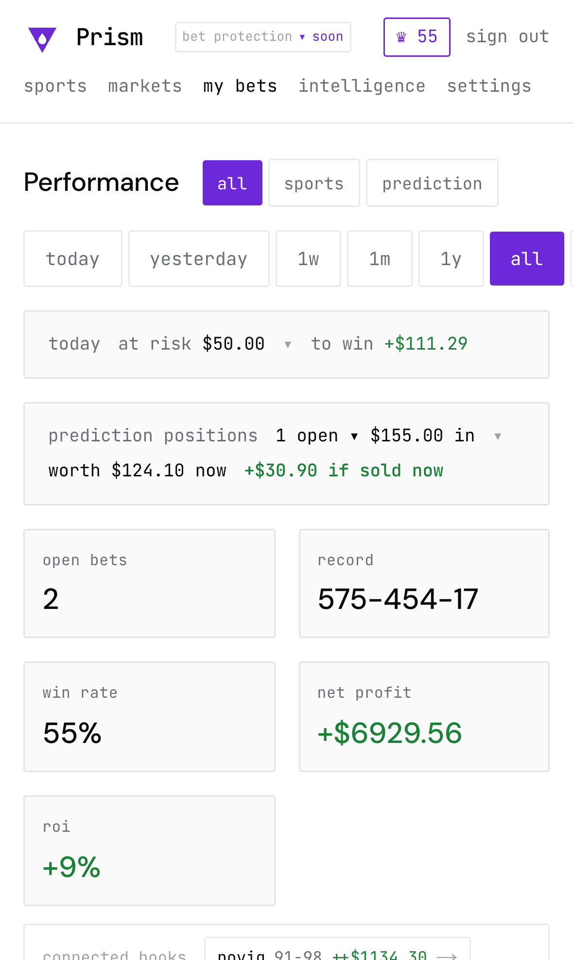 Dashboard with open and settled bets