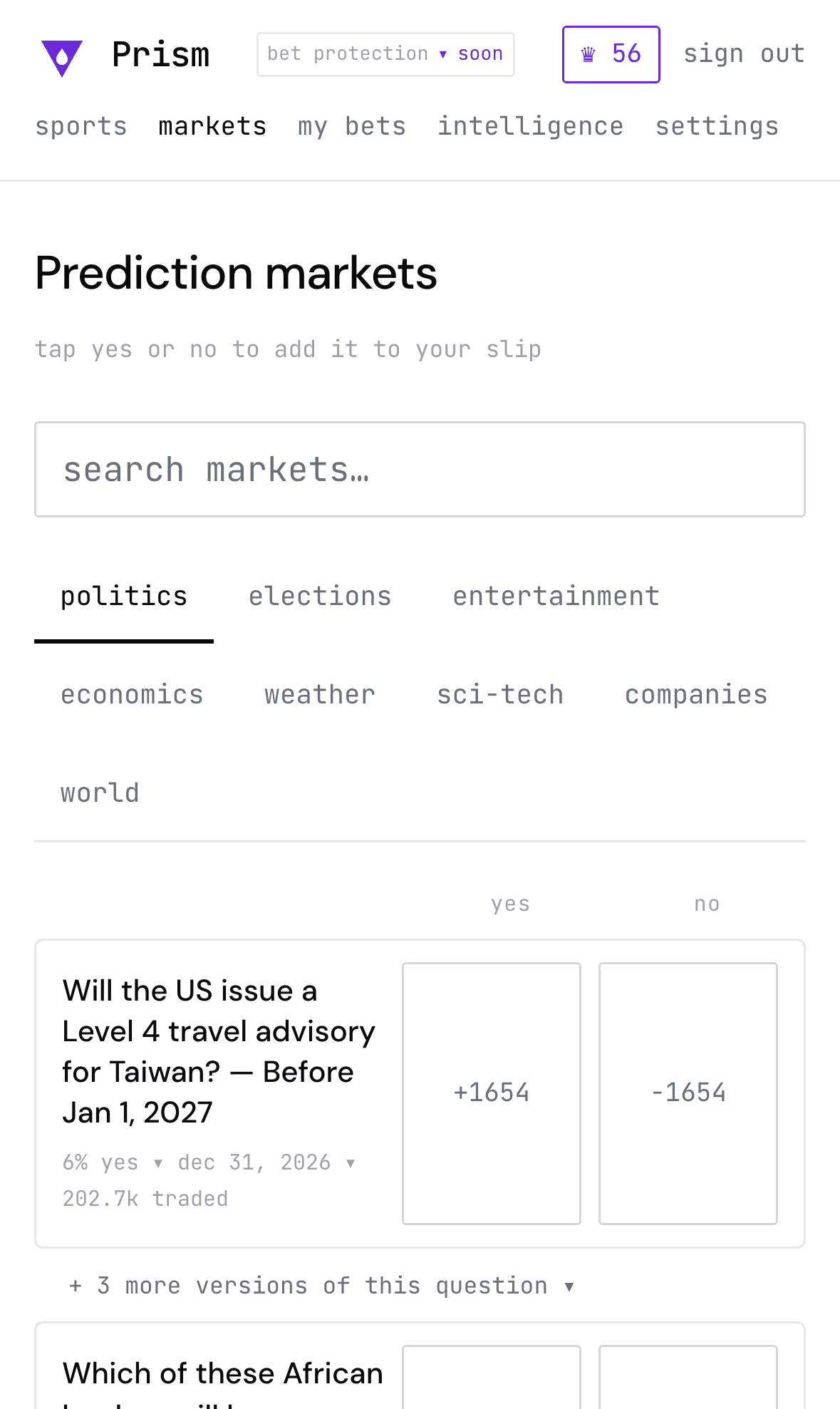 Prediction markets on your phone — politics, elections, weather and more, with live yes/no prices