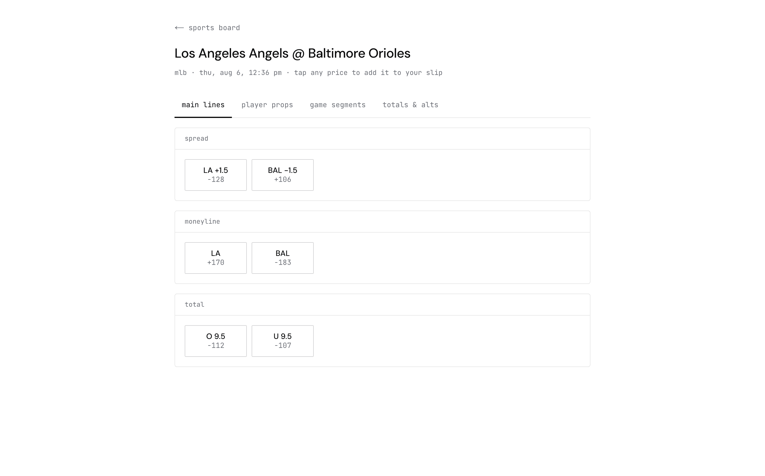 A game's full market menu — props, segments, team totals